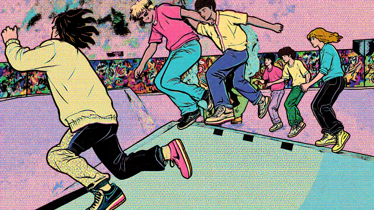 1980s-style illustration of teens in a Manchester skate park wearing retro sneakers.