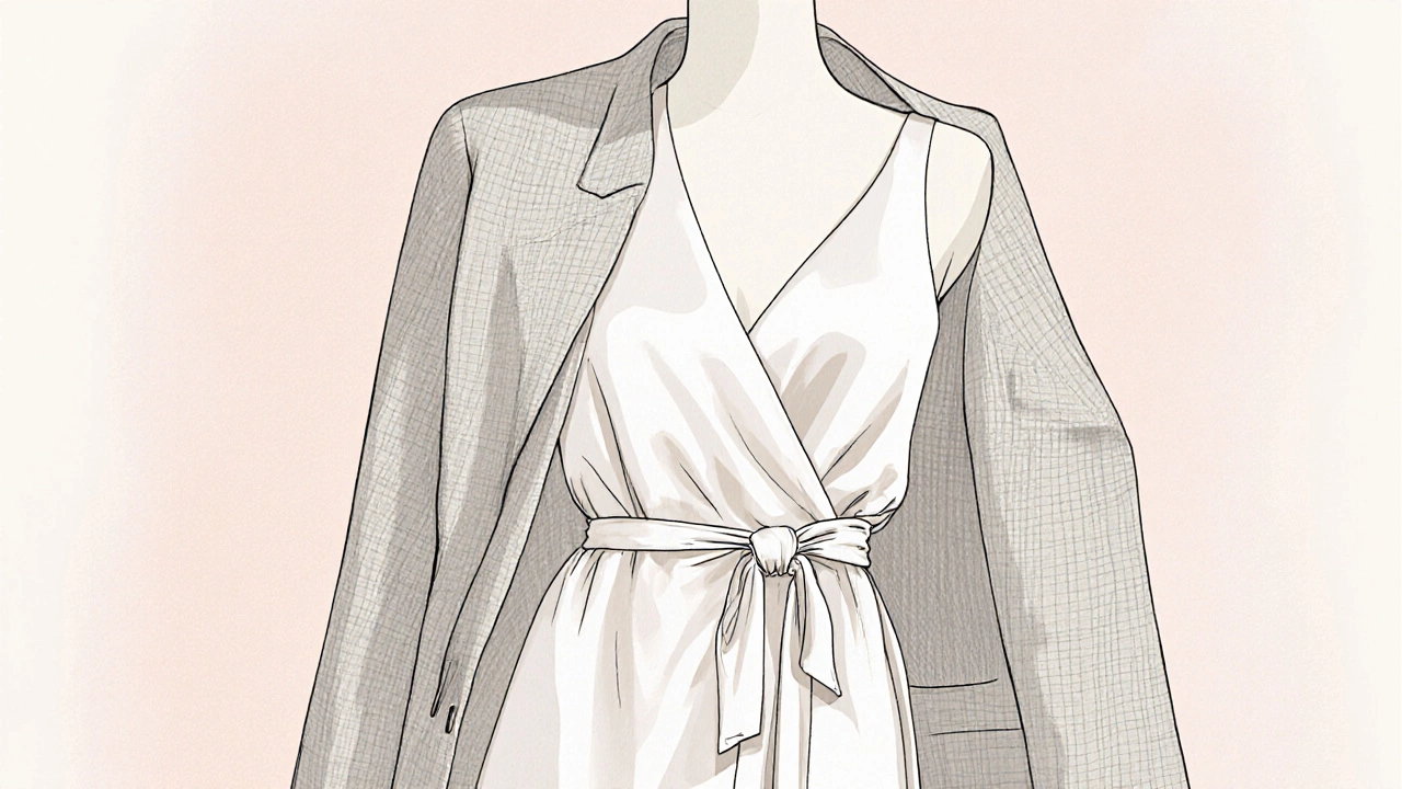 Close‑up illustration of a silk‑cotton wrap dress with a linen blazer draped over it.