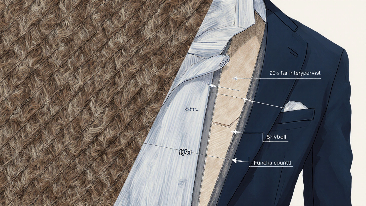Close‑up illustration of wool‑blend fabric and half‑canvas suit interior.
