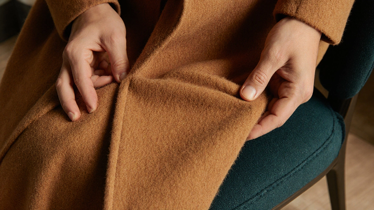 Close‑up of hands folding a coat&#039;s hem onto a cafe chair seat, emphasizing fabric texture.