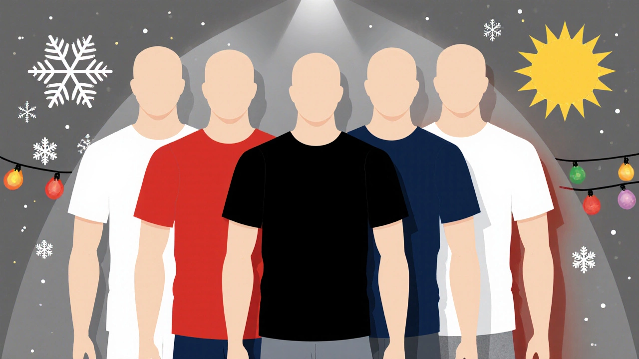 Collage of mannequins wearing black, white, gray, navy, and red tees with seasonal backdrops.