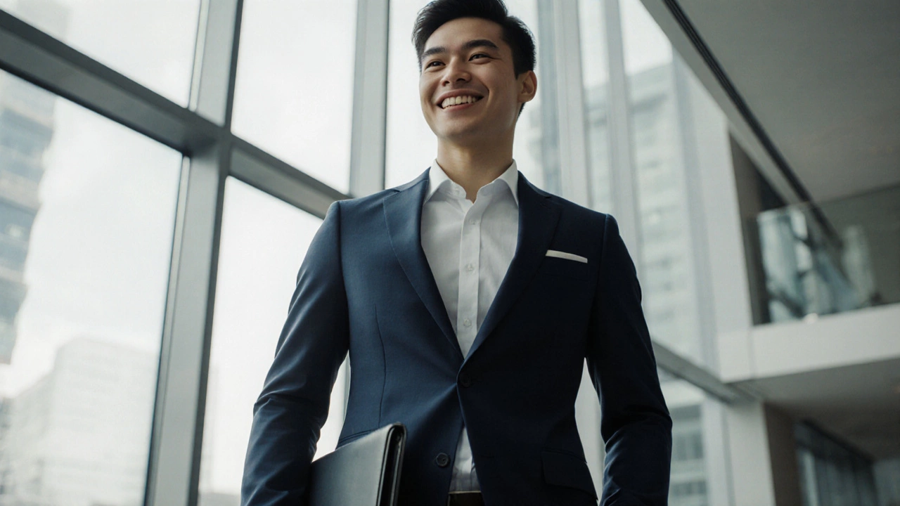 Confident young professional in a fitted navy suit inside an office lobby.