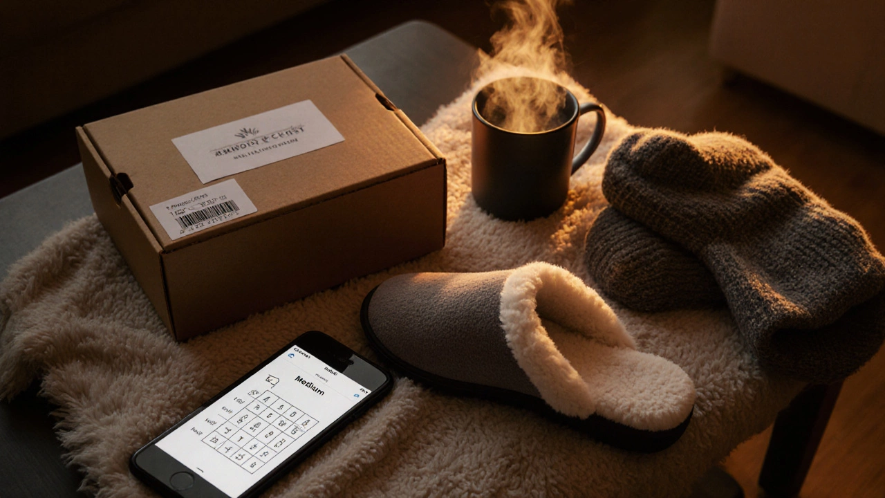 Cozy flat‑lay of slippers, blanket, return box, size chart phone, and winter socks at dusk.