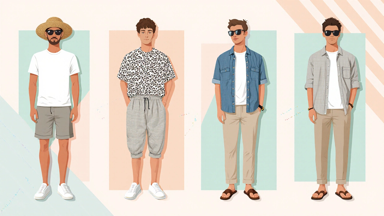 Flat‑design collage of four summer outfit formulas: casual, evening, beach, and smart‑casual.