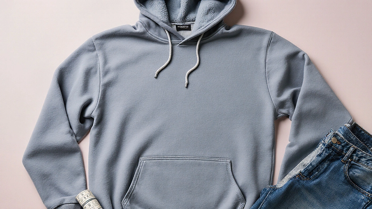 Flat‑lay of an open baggy hoodie with measuring tape and skinny jeans, highlighting its plush texture.