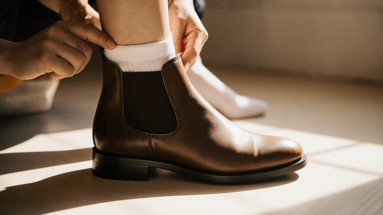 Foot inside a Chelsea boot with thumb pinching tight elastic and heel rubbing.
