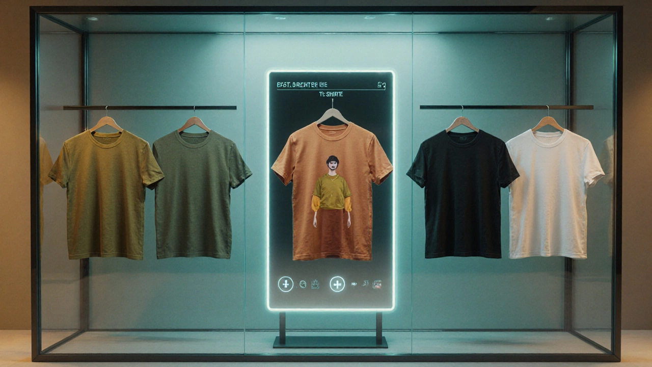 Futuristic boutique showing eco‑friendly olive and terracotta tees beside an AR mirror avatar.