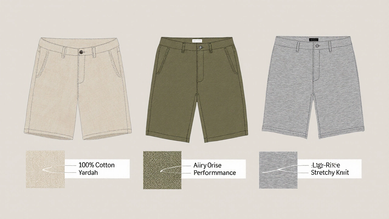 Illustrated side‑by‑side comparison of cotton, linen, and performance shorts with fabric textures and measurements.