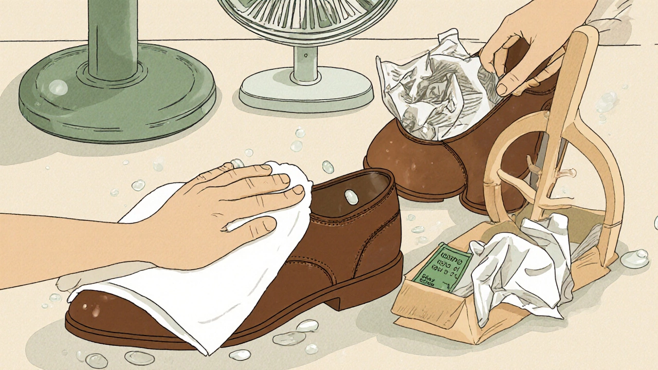 Indoor rescue setup: towel, shoe tree, newspaper, silica gel packets.