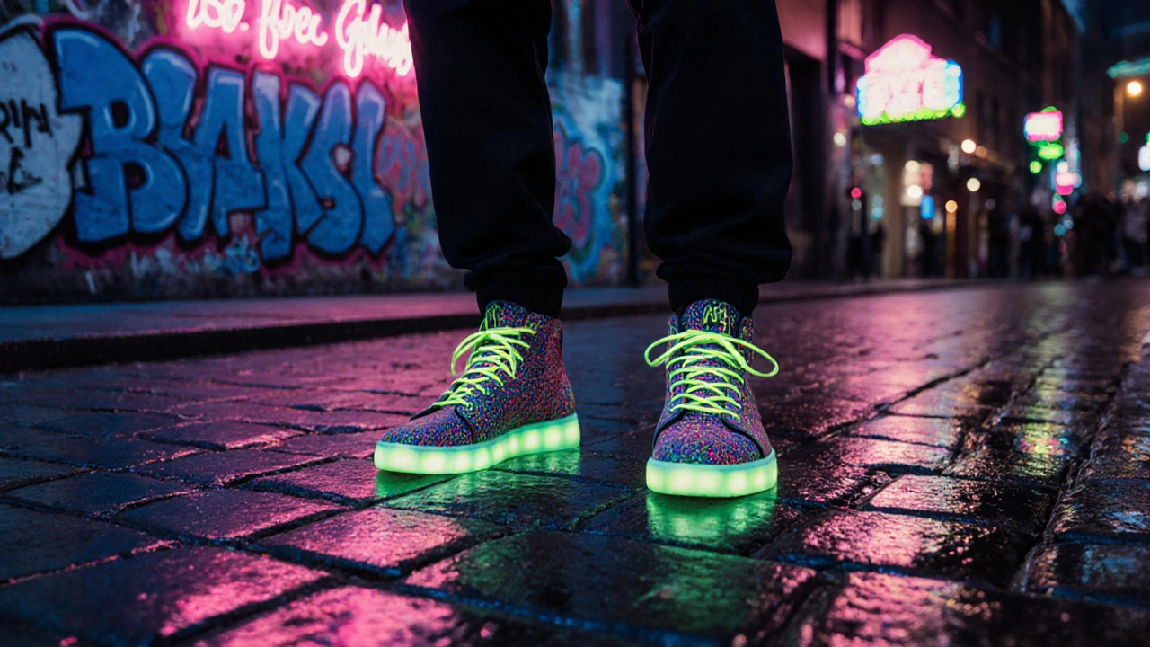 London grime artist in colorful high‑top trainers, posed against neon street art.