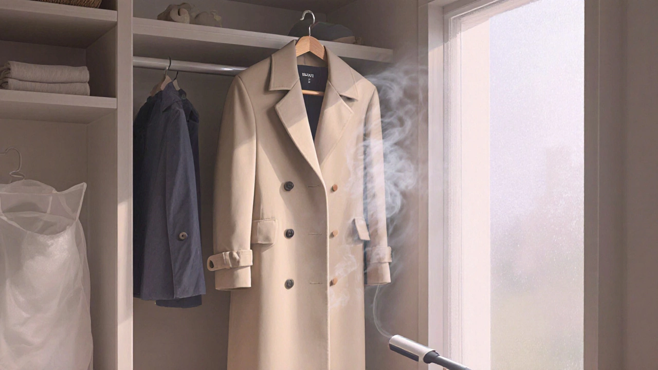 Long coat hanging on a wide hanger with gentle steam, in a sunlit closet with a garment bag.
