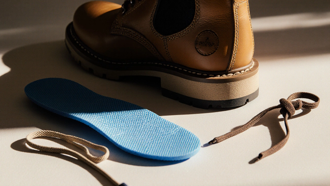 Macro view of heel grip, insole, and lace lock technique inside a Thursday boot.