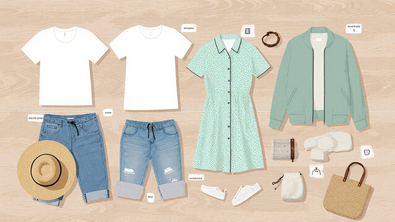 Minimalist illustration of a summer capsule wardrobe with core pieces and accessories.