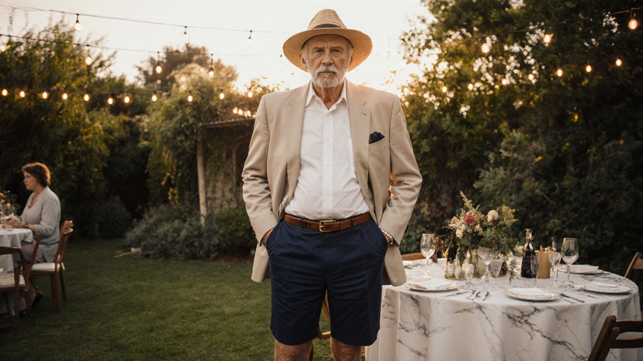 Older gentleman in tailored shorts, blazer, and loafers at a garden party.