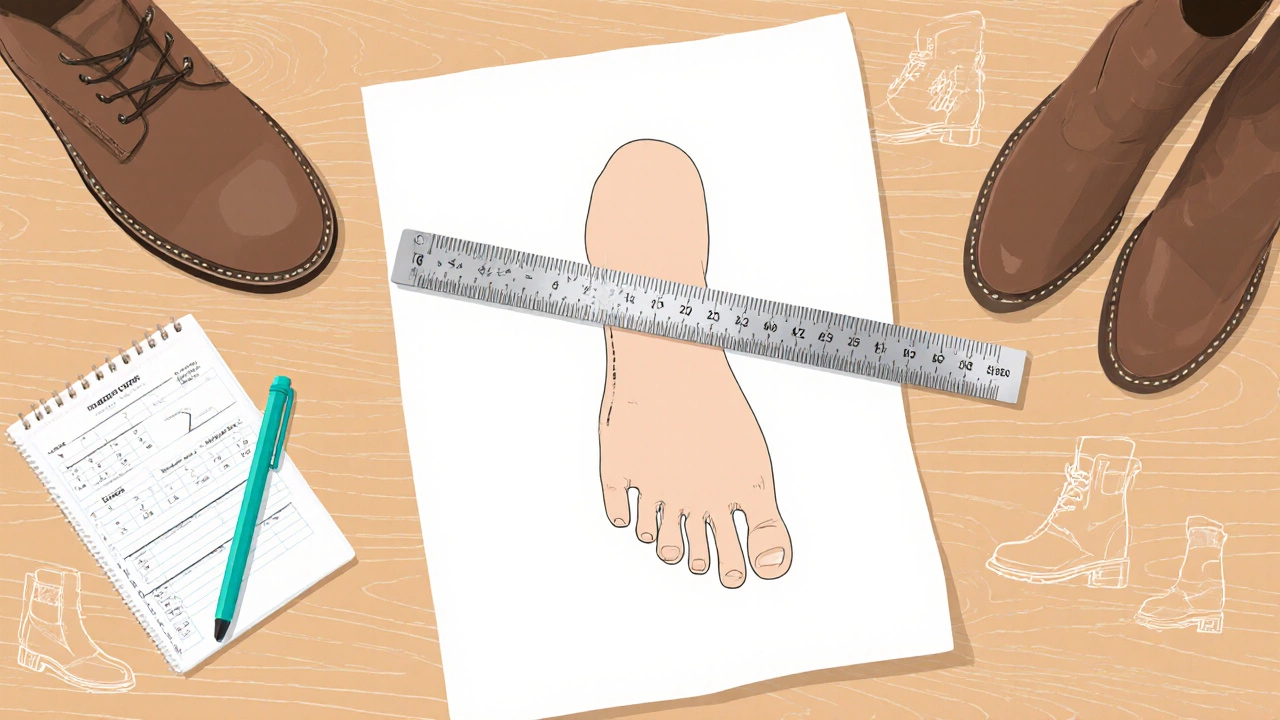 Overhead illustration of foot tracing on paper with rulers measuring length and width.