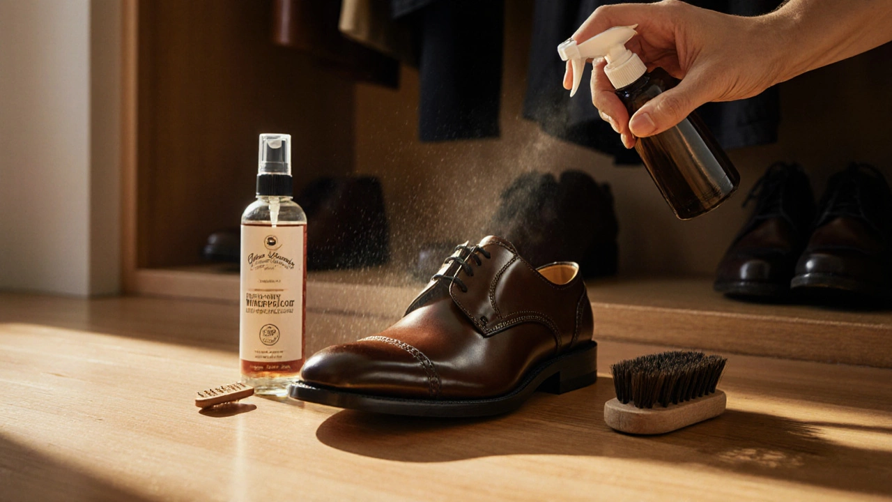 Polished leather shoe after conditioning and waterproofing in soft light.