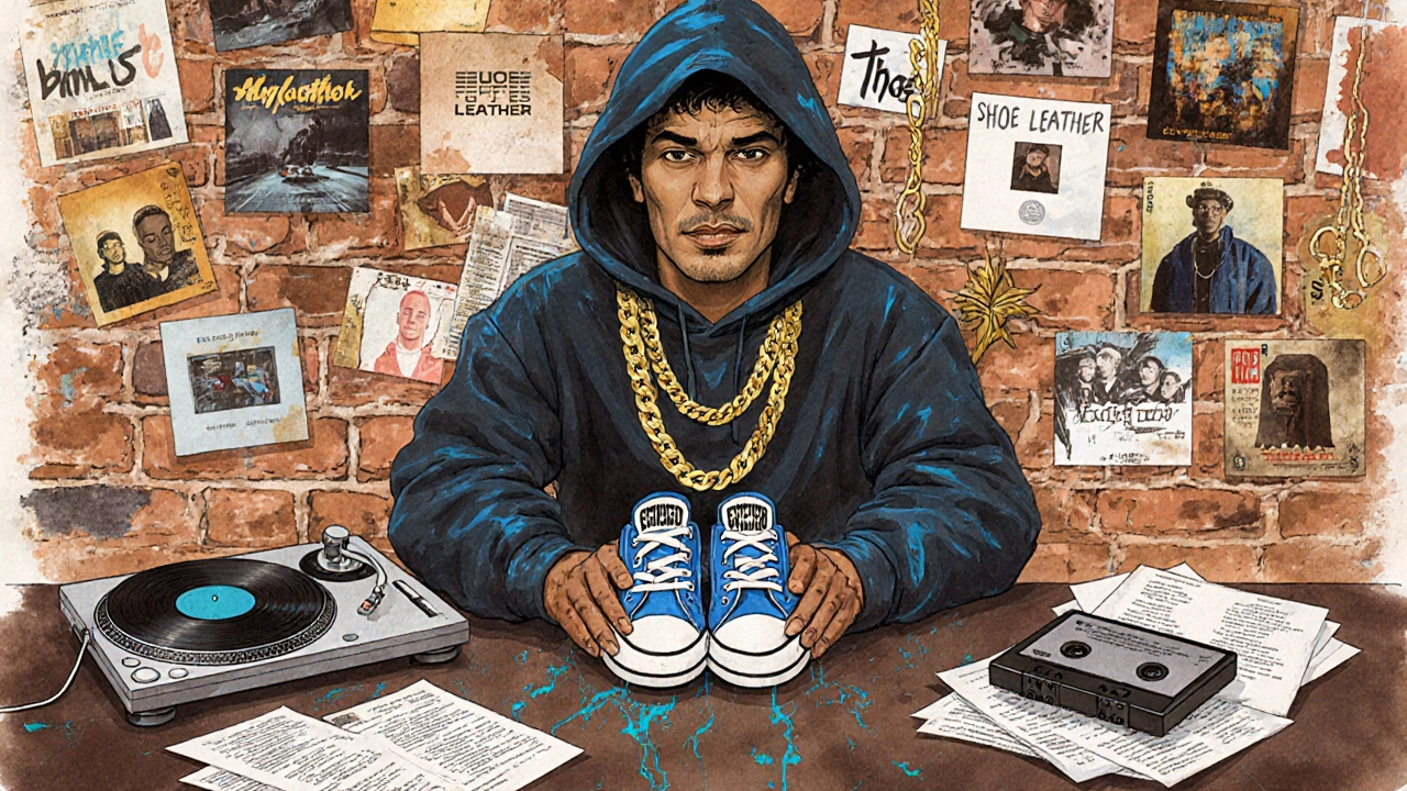 Rapper in a vintage studio holding fresh sneakers, surrounded by hip‑hop memorabilia.
