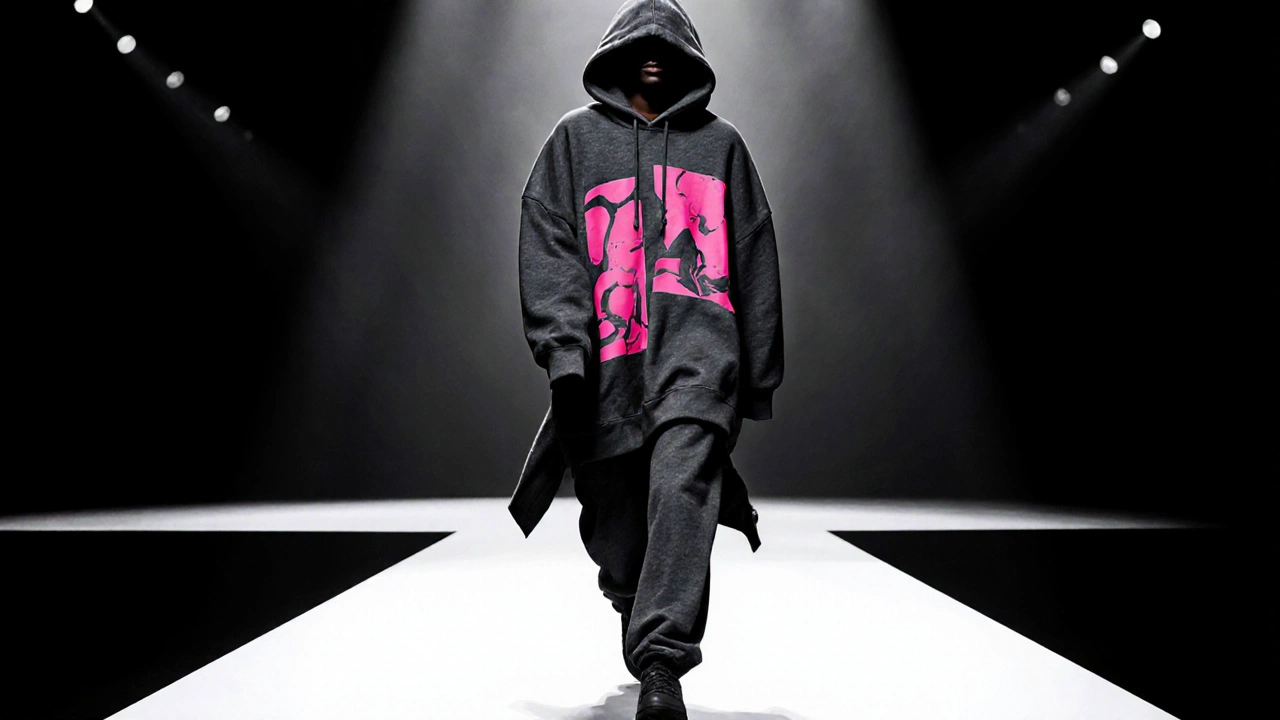 Runway illustration of a model in an oversized hoodie with dramatic drop‑shoulder and neon graphics.
