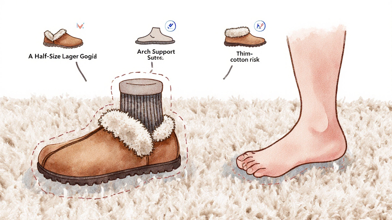 Side‑by‑side larger and smaller slippers on carpet with foot silhouettes and sock differences.