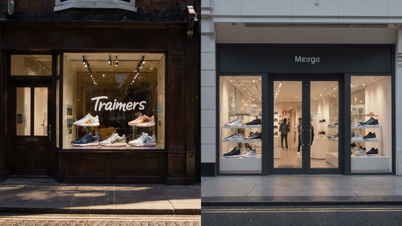Side‑by‑side view of a UK trainer shop and a US sneaker shop, each displaying athletic shoes.