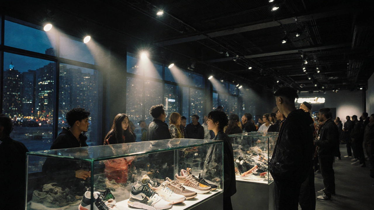 Sneaker convention booth with glass‑case shoes and enthusiastic streetwear shoppers.