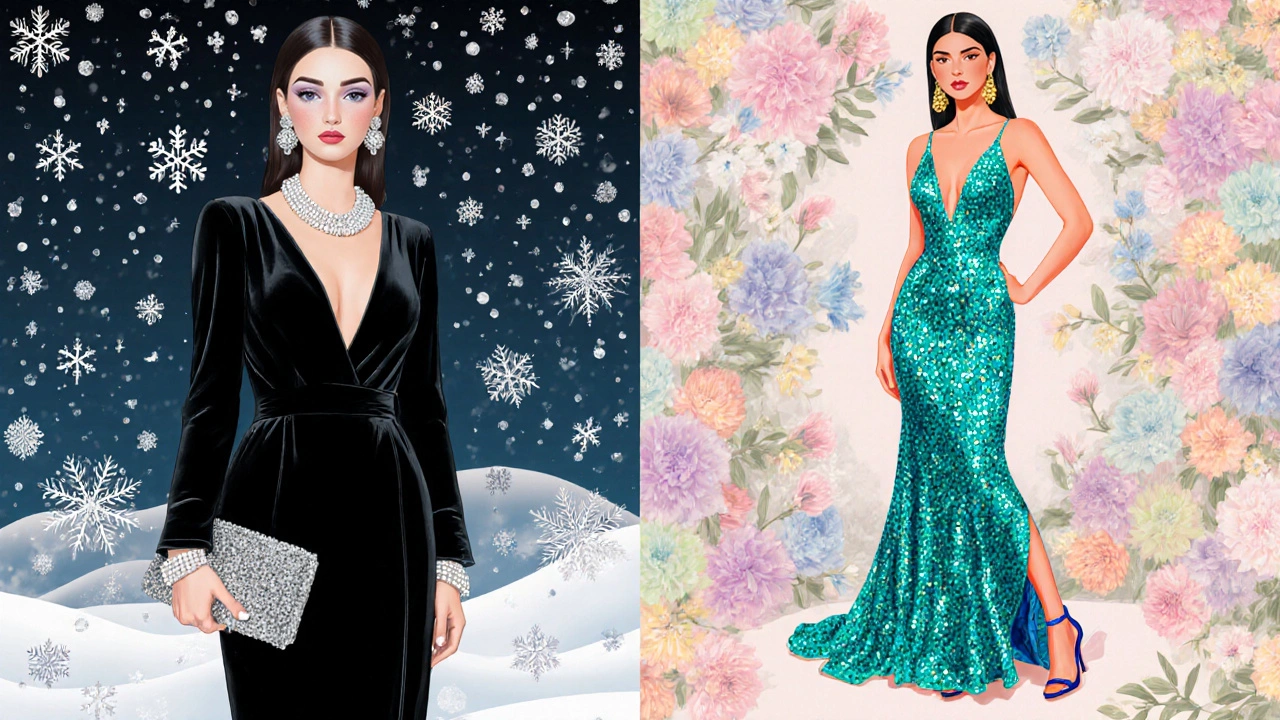 Split illustration of classic black dress with silver accessories versus neon teal sequined dress with bold makeup.