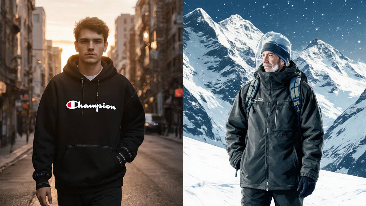 Split scene of a person in a hoodie enjoying Auckland autumn next to a hiker needing heavier gear in the Alps.