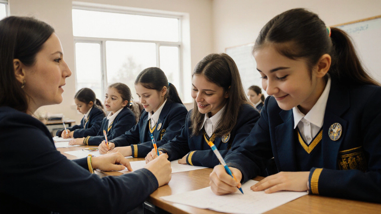 Students focused on math tests in a classroom, wearing navy and gold uniforms with small personal accessories.