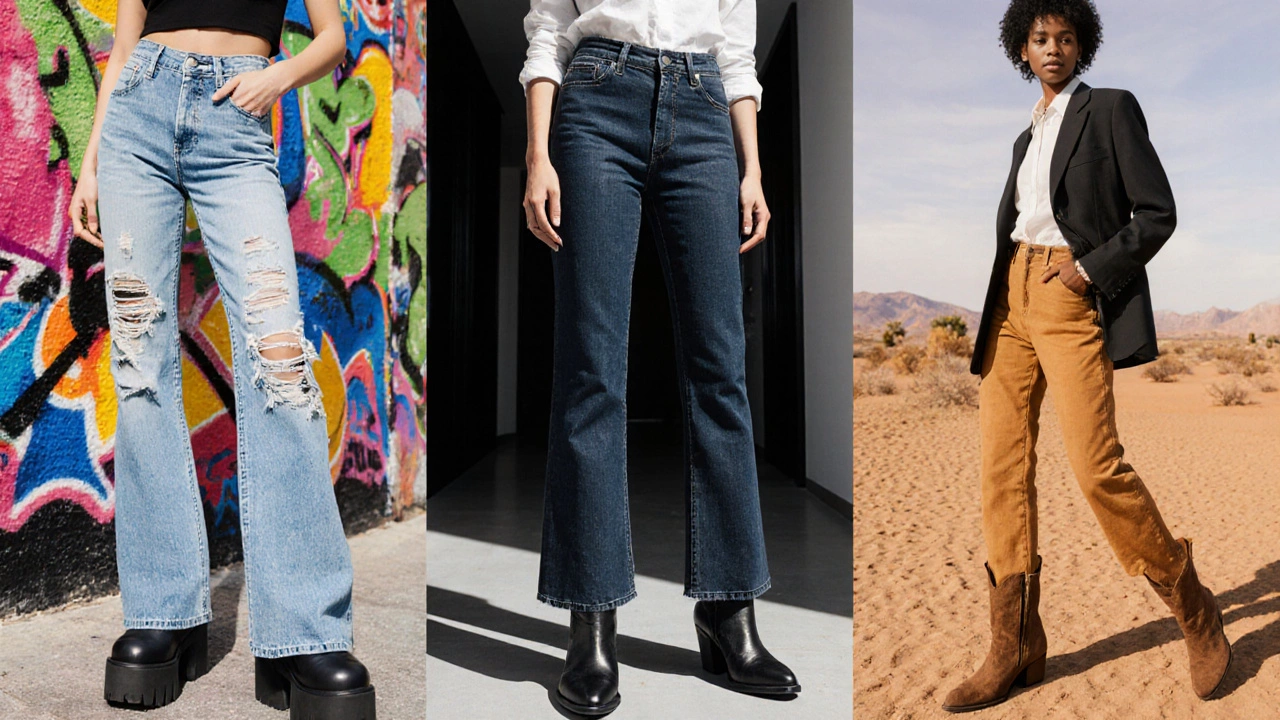 Three models showing bootcut jeans styled with platform boots, leather ankle boots, and suede western boots.