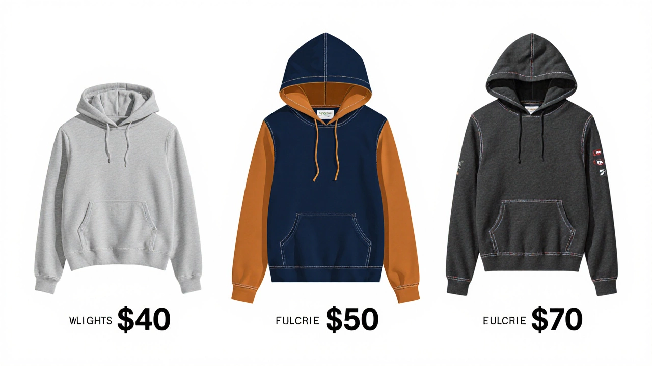 Three panels comparing budget, mid‑range, and premium hoodies by fabric weight and stitching.