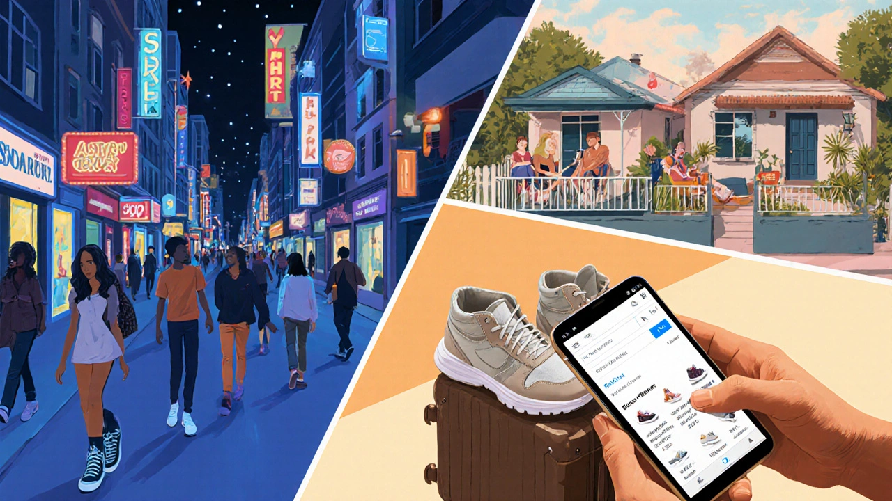 Three panels showing New York sneakers, Australian trainers, and a traveler searching for shoes.