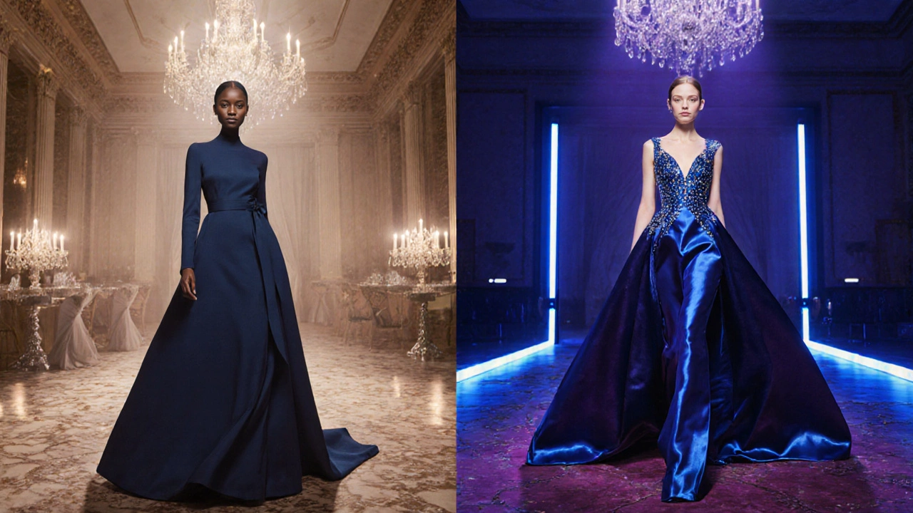 Two models in a ballroom; one in matte navy under candlelight, another in shimmering sapphire under LED lights.