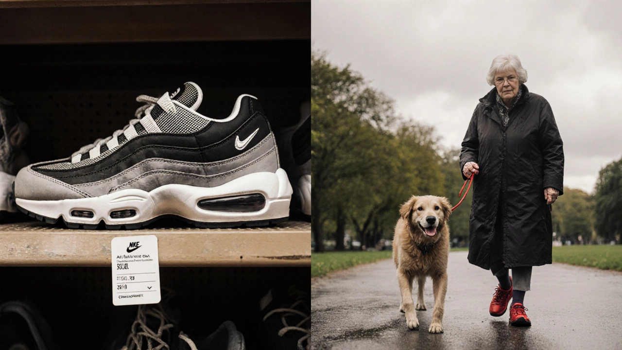 Vintage Nike Air Max shoes on a shelf beside the same shoes worn by an older woman in a park.