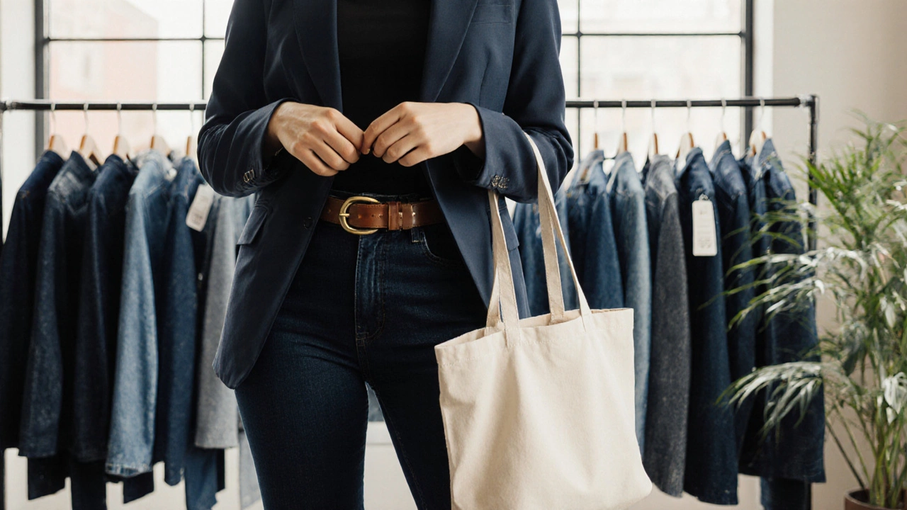 Woman in dark indigo bootcut jeans, leather ankle boots and blazer, holding a sustainable tote in a boutique.