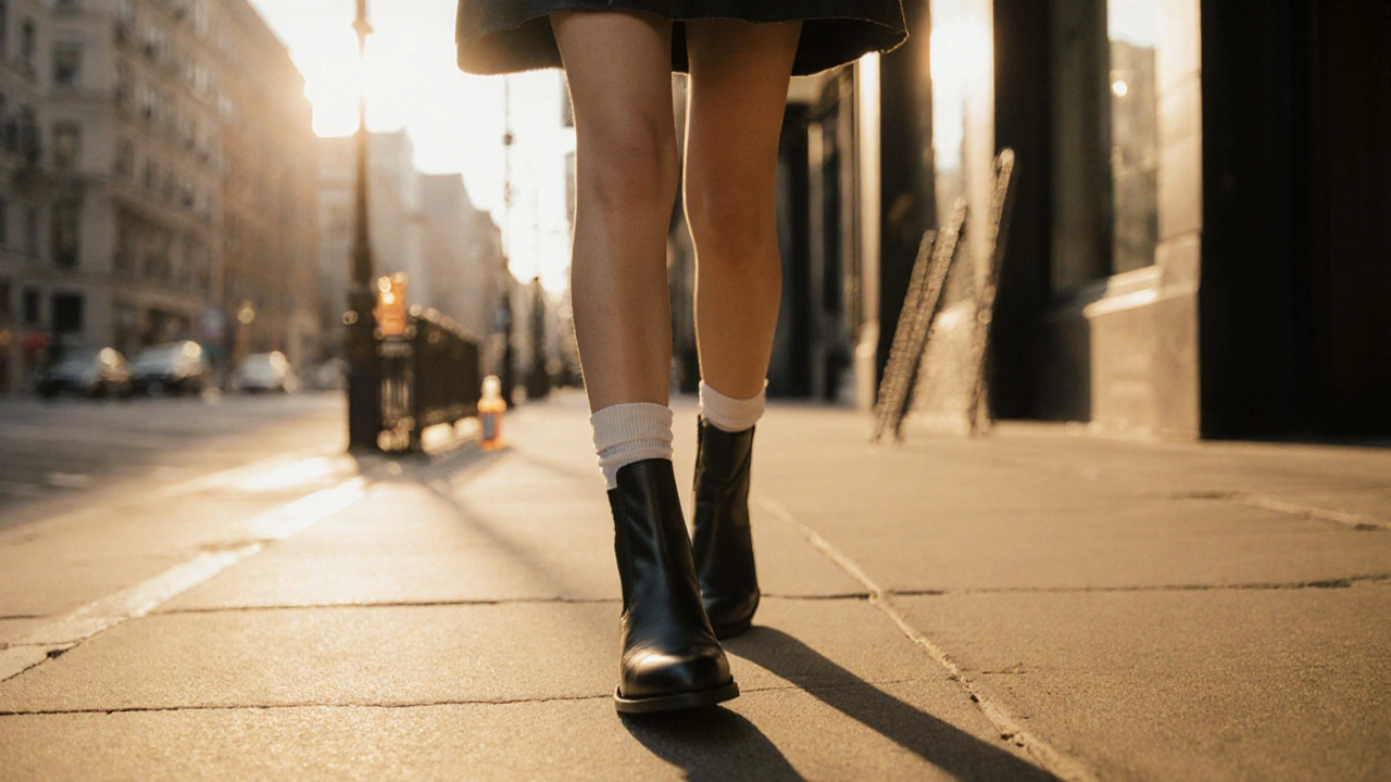 Woman walking confidently in softened leather Chelsea boots during golden hour.