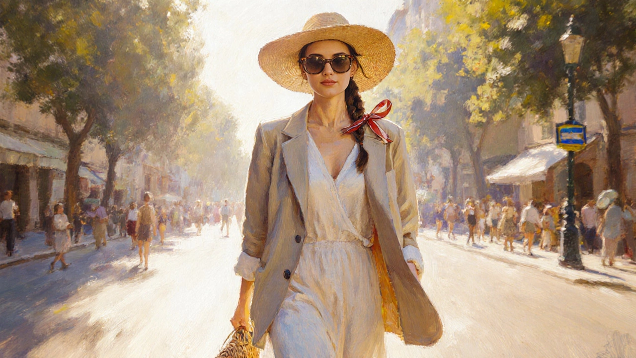 Woman walking on a sunny street wearing a dress, blazer, woven sandals, straw hat, and sunglasses.