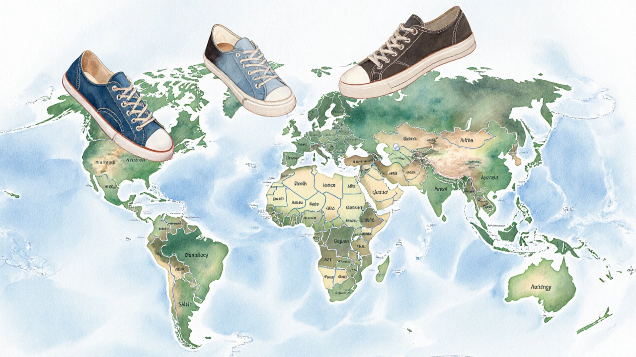 World map with different shoe silhouettes representing regional terms.