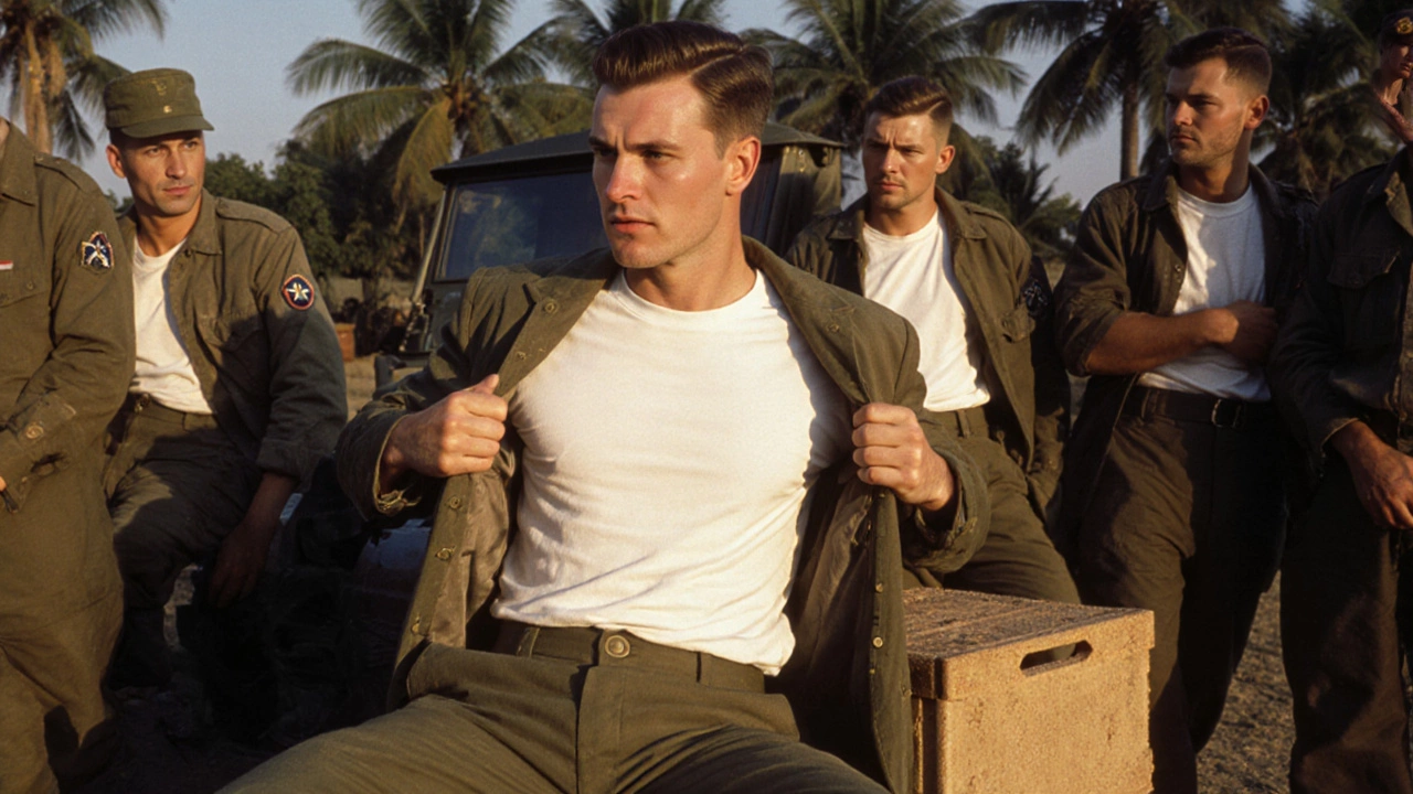 WWII soldiers in tropical camp wearing plain white T‑shirts under their uniforms.