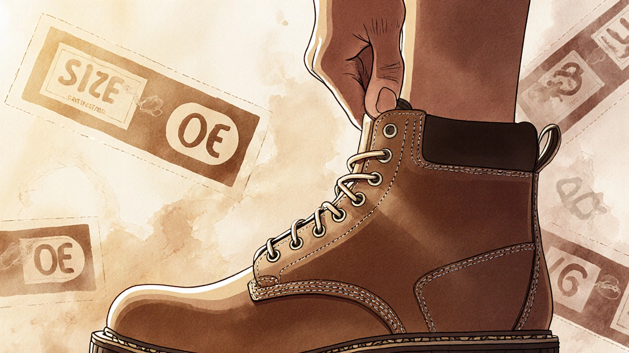 Close-up of a foot inside a boot with a thumb indicating ideal heel space.