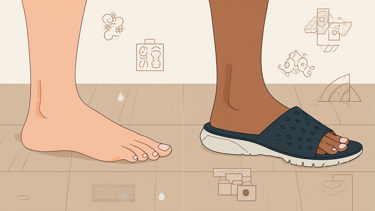 Contrasting footprints: barefoot on wood vs. supported slipper on tile