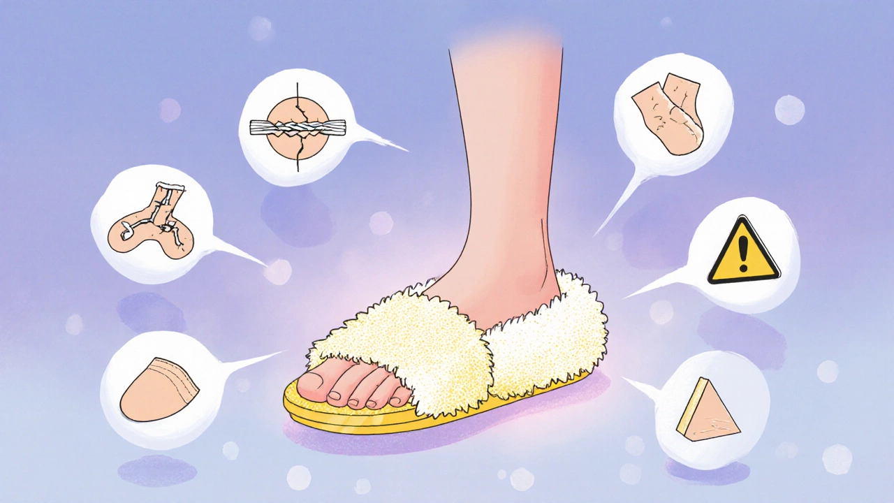 Foot cozy in slipper with symbols showing stretch, wear, and sizing tips.