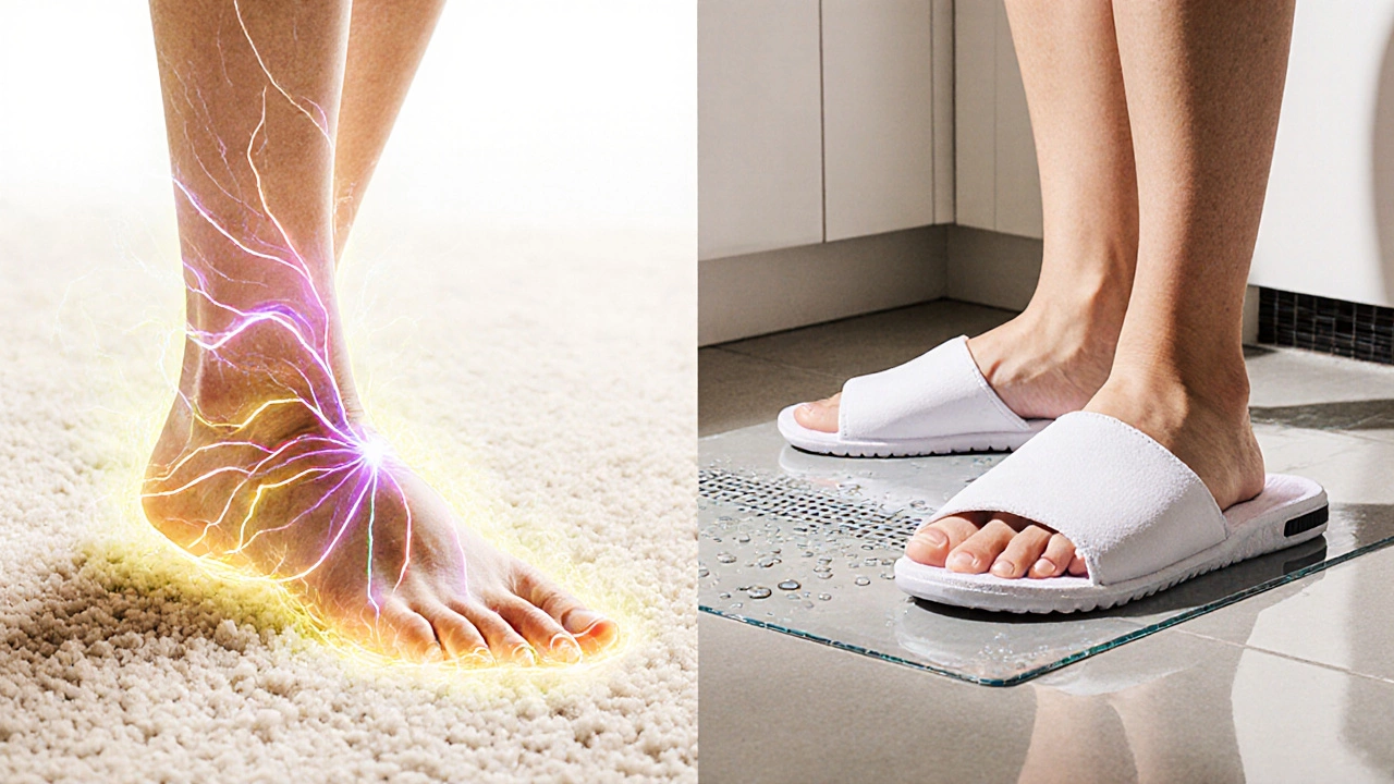 Hybrid home scene: barefoot on carpet and supported slipper on kitchen tile