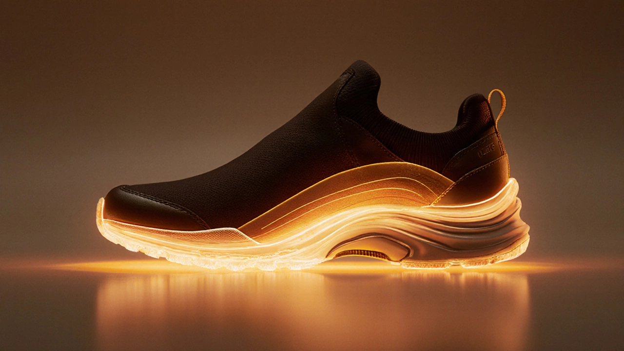 Leather shoe with anatomical diagram showing arch support and curved sole biomechanics.