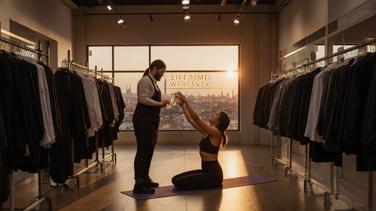 Lululemon store with staff offering water to someone doing yoga.