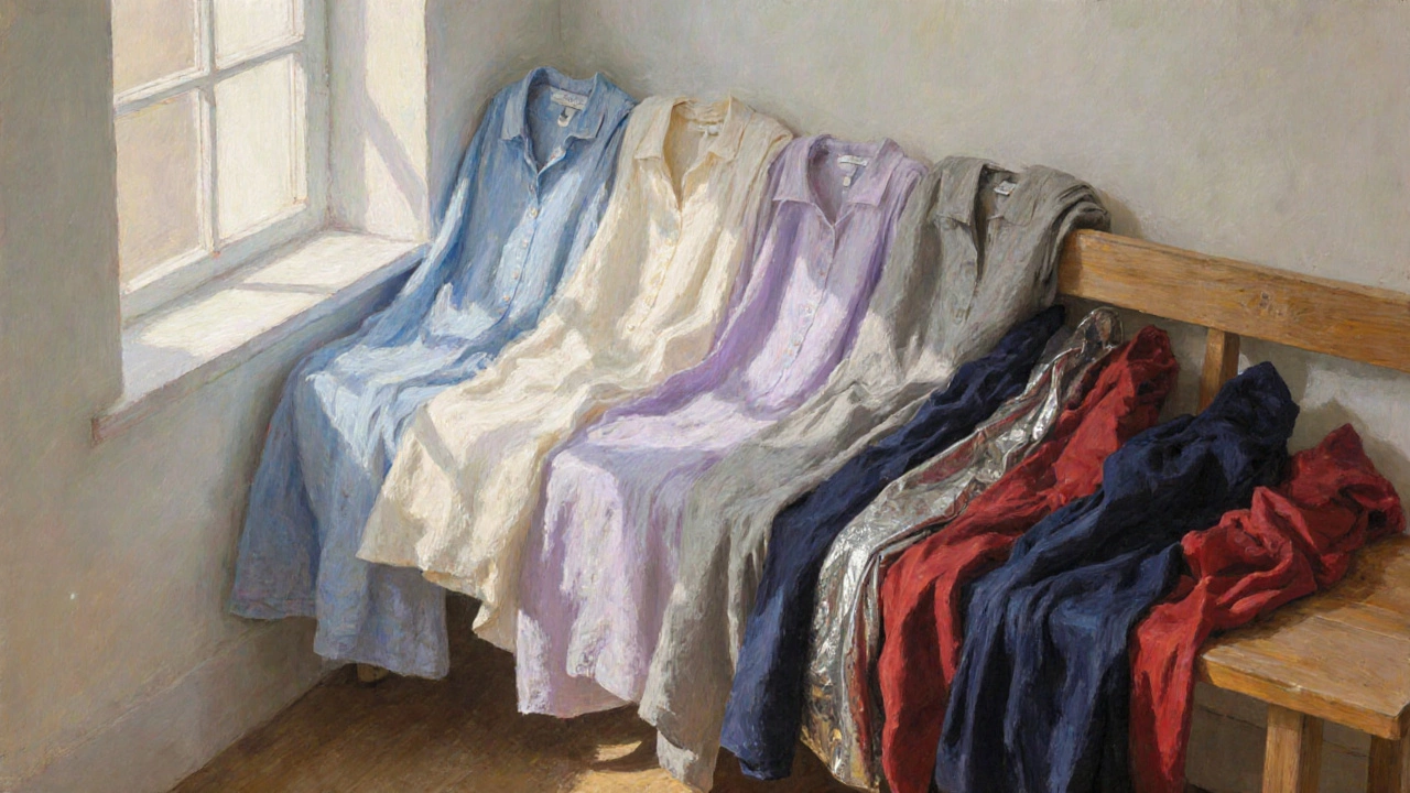 Pastel summer clothes on a bench with natural fabrics, dark colors cast in shadow.