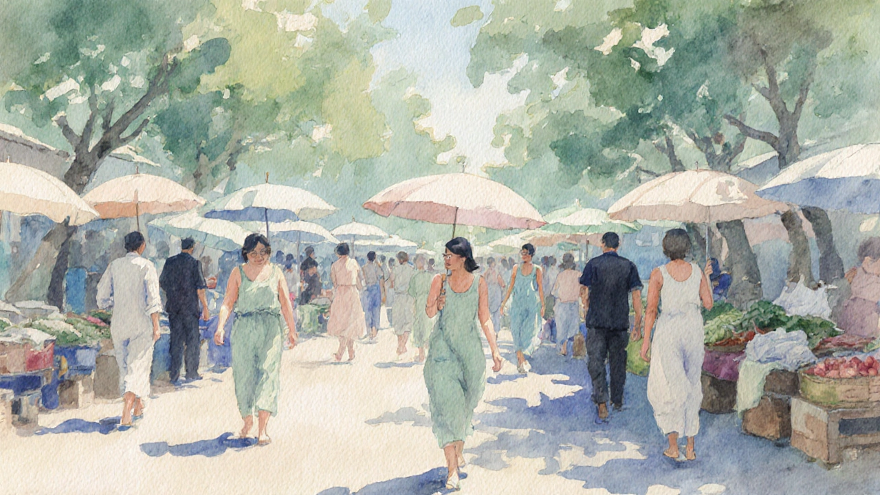 People in pastel summer clothes walking through a vibrant market, surrounded by natural light and shade.