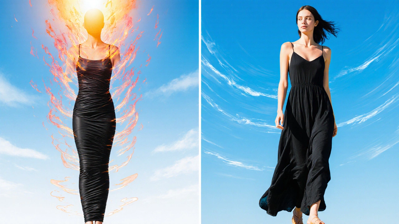 Side-by-side depiction of tight black polyester vs. loose black rayon dress in sunlight.
