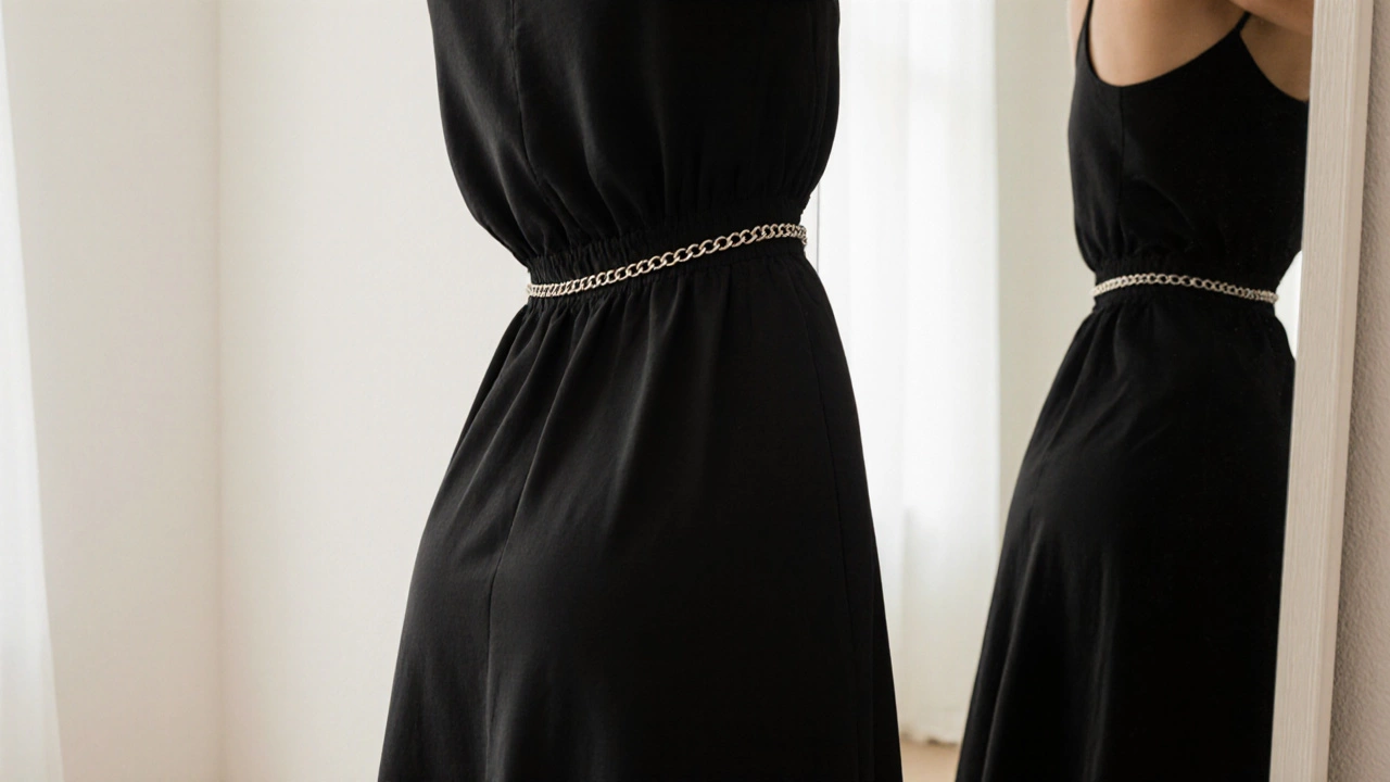 Side view of a black A-line dress with empire waist and chain belt, fabric draping naturally without compression.