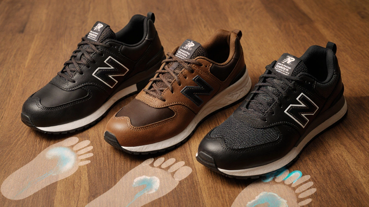 Three supportive leather shoes displayed with subtle foot condition indicators beneath.