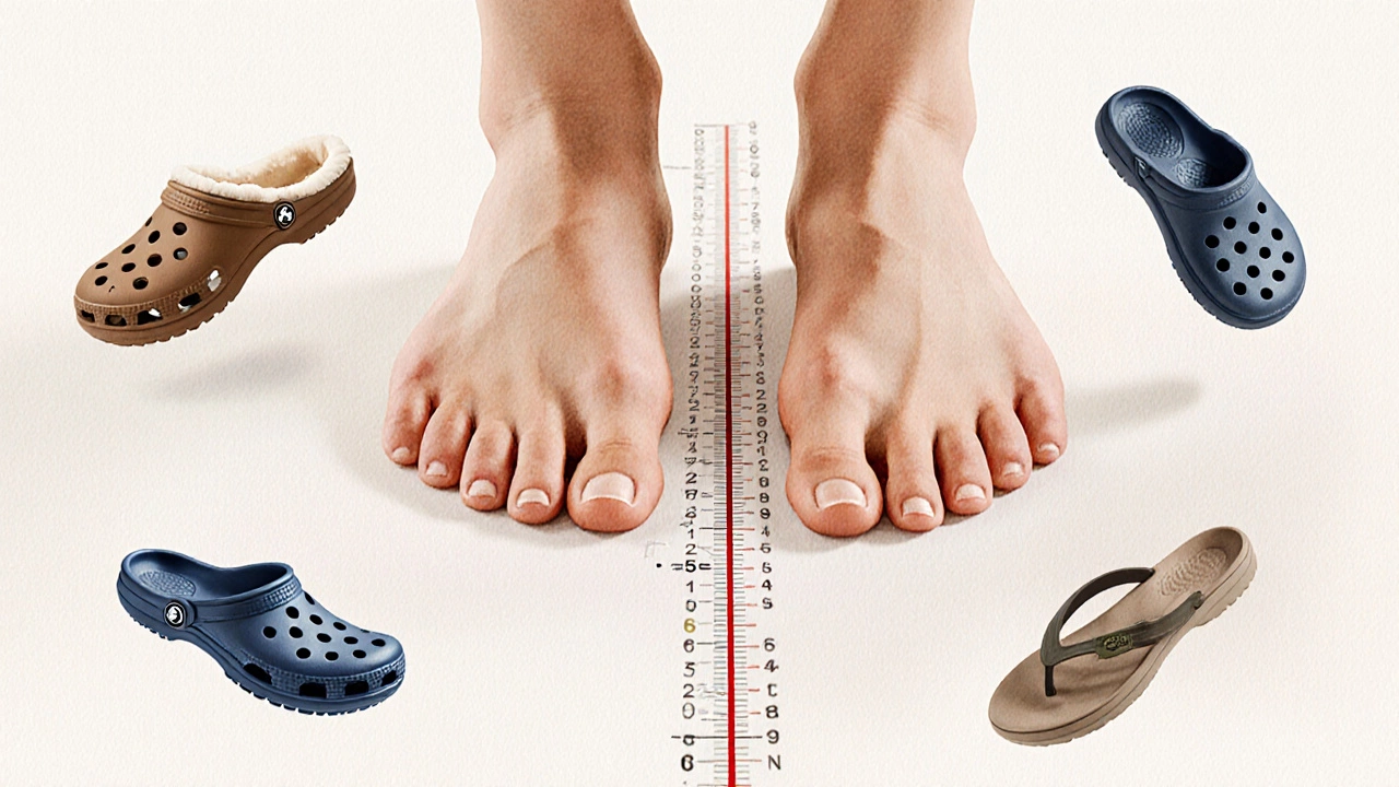 Two feet measured on chart with slipper brand icons floating around.